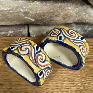 2 VTG Mexican Napkin Rings Pottery Redware Yellow Cobalt Blue Handcrafted